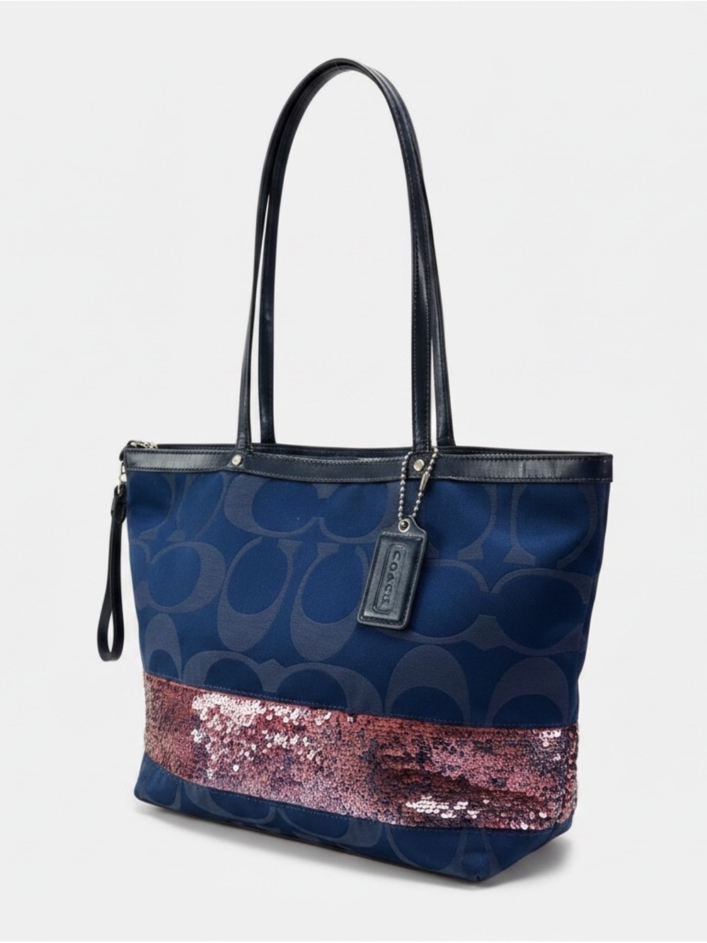 Coach Navy Tote with Pink Sequin Band